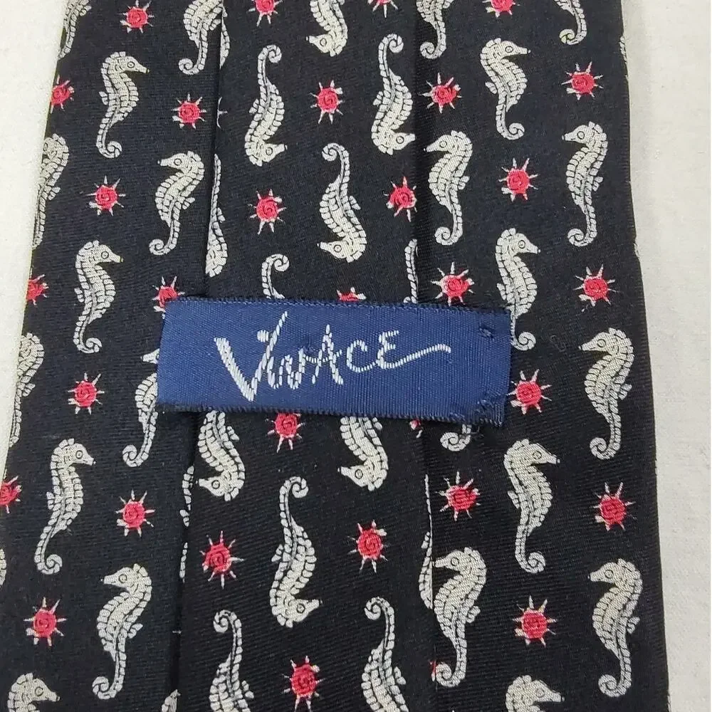 VTG Vivace Silk Tie Black Seahorse Novelty Pattern Red Sunburst Nautical Beach